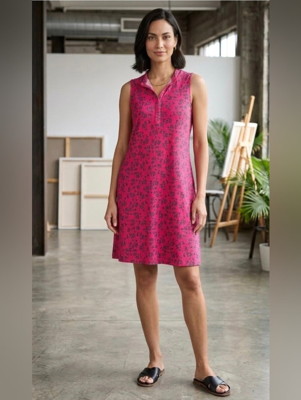 Blue Rain Hot Pink Sleeveless Dress with Black Leaf Print